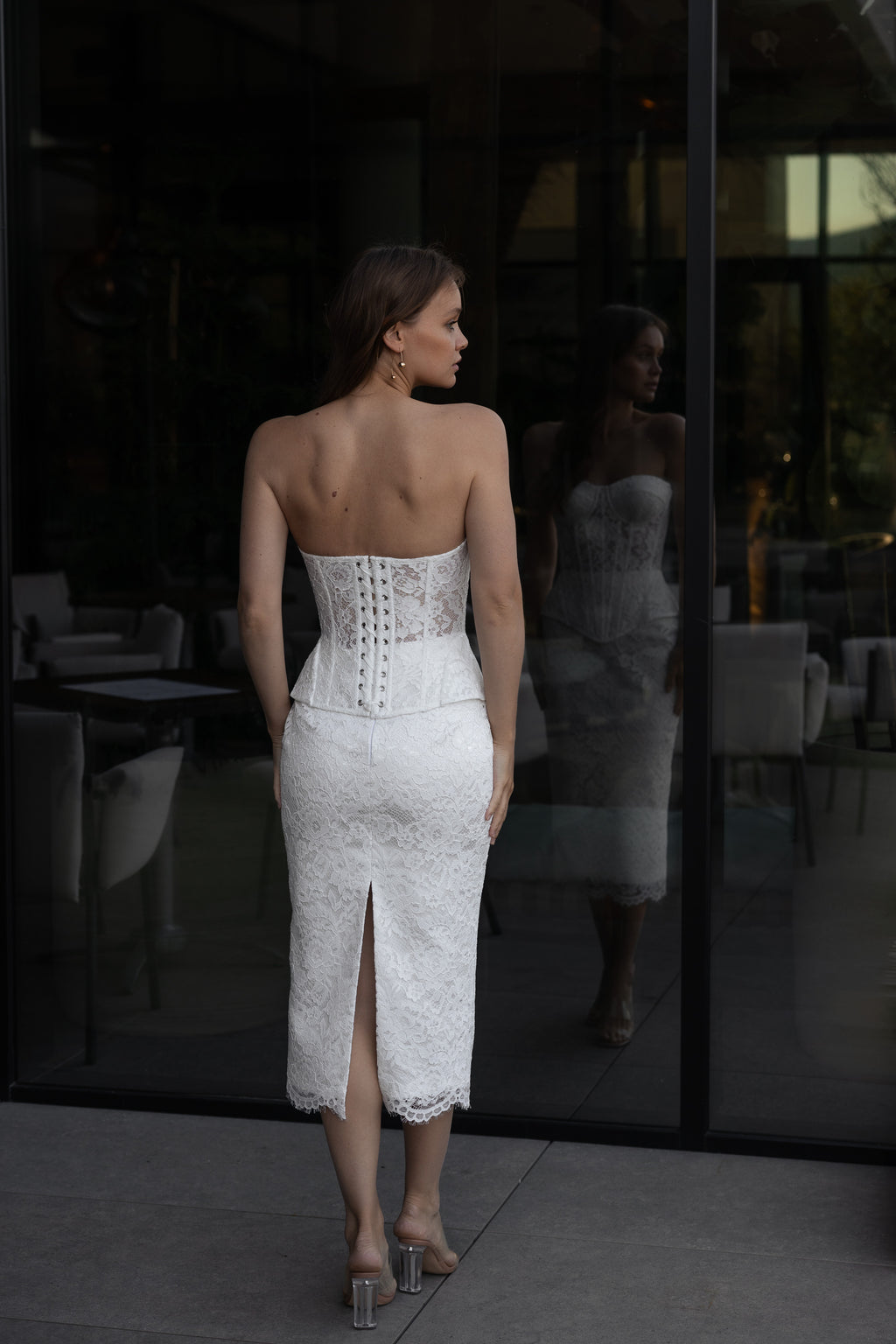 Lace corset top and midi skirt