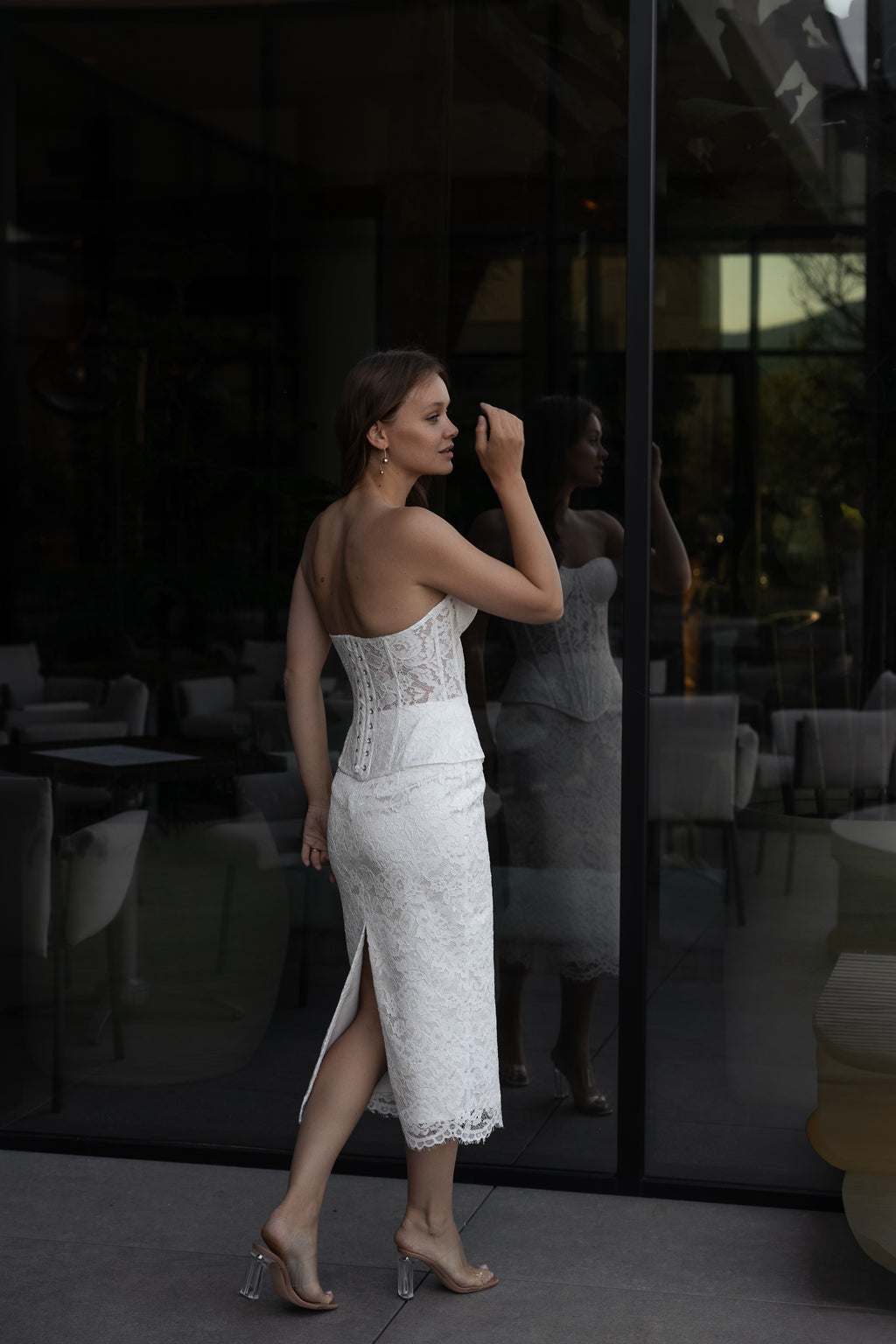 Lace corset top and midi skirt