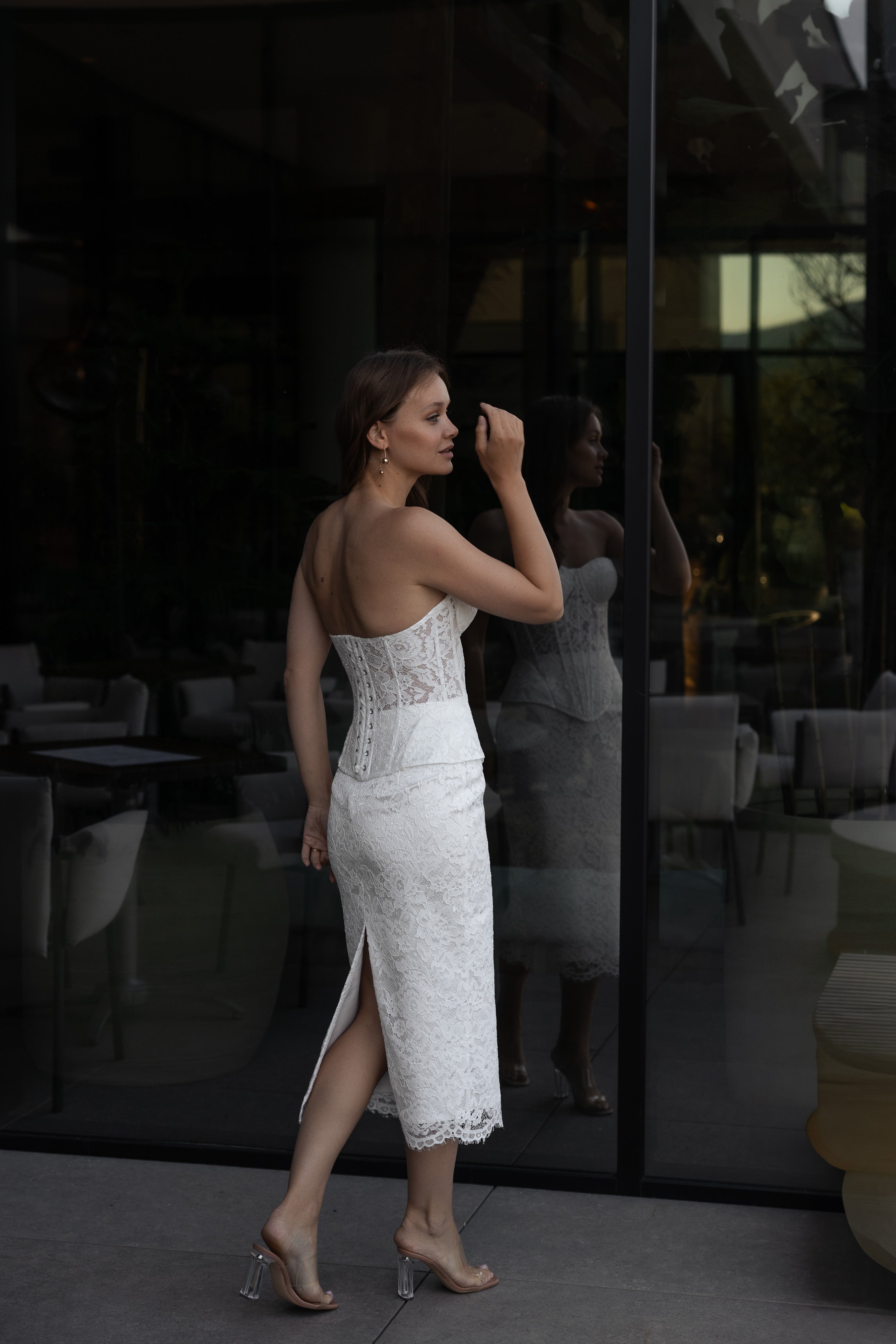 Lace corset top and midi skirt