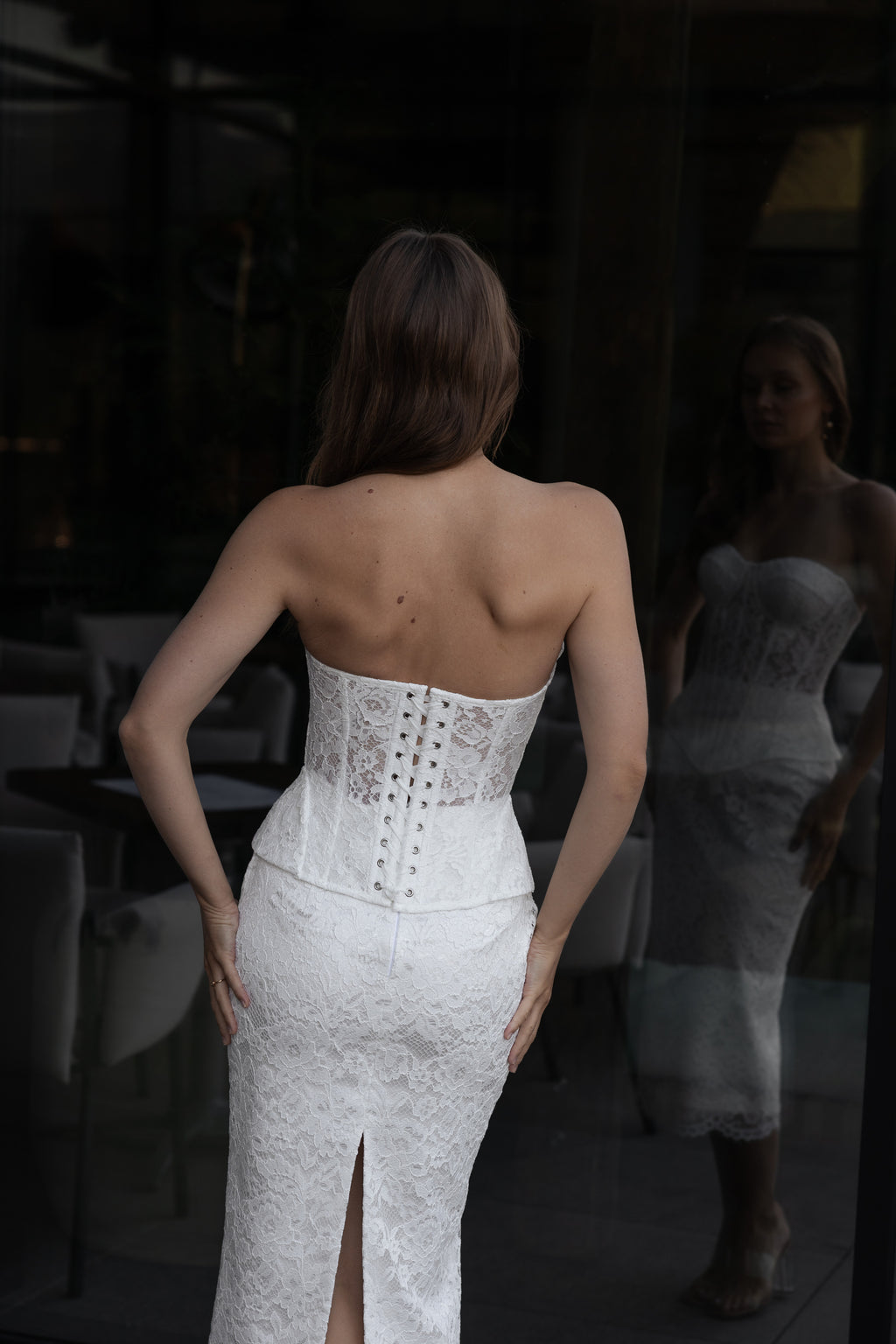 Lace corset top and midi skirt