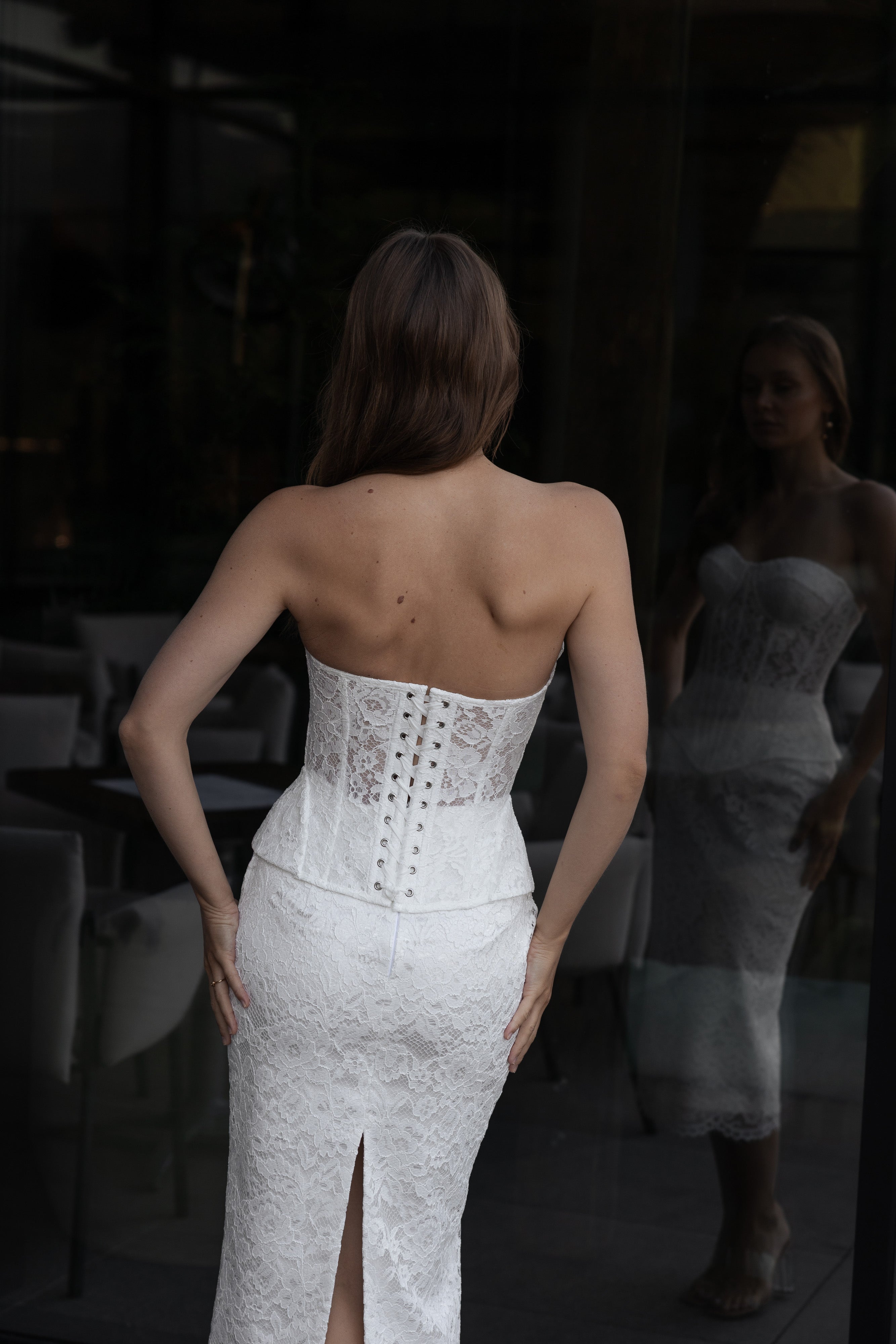 Lace corset top and midi skirt