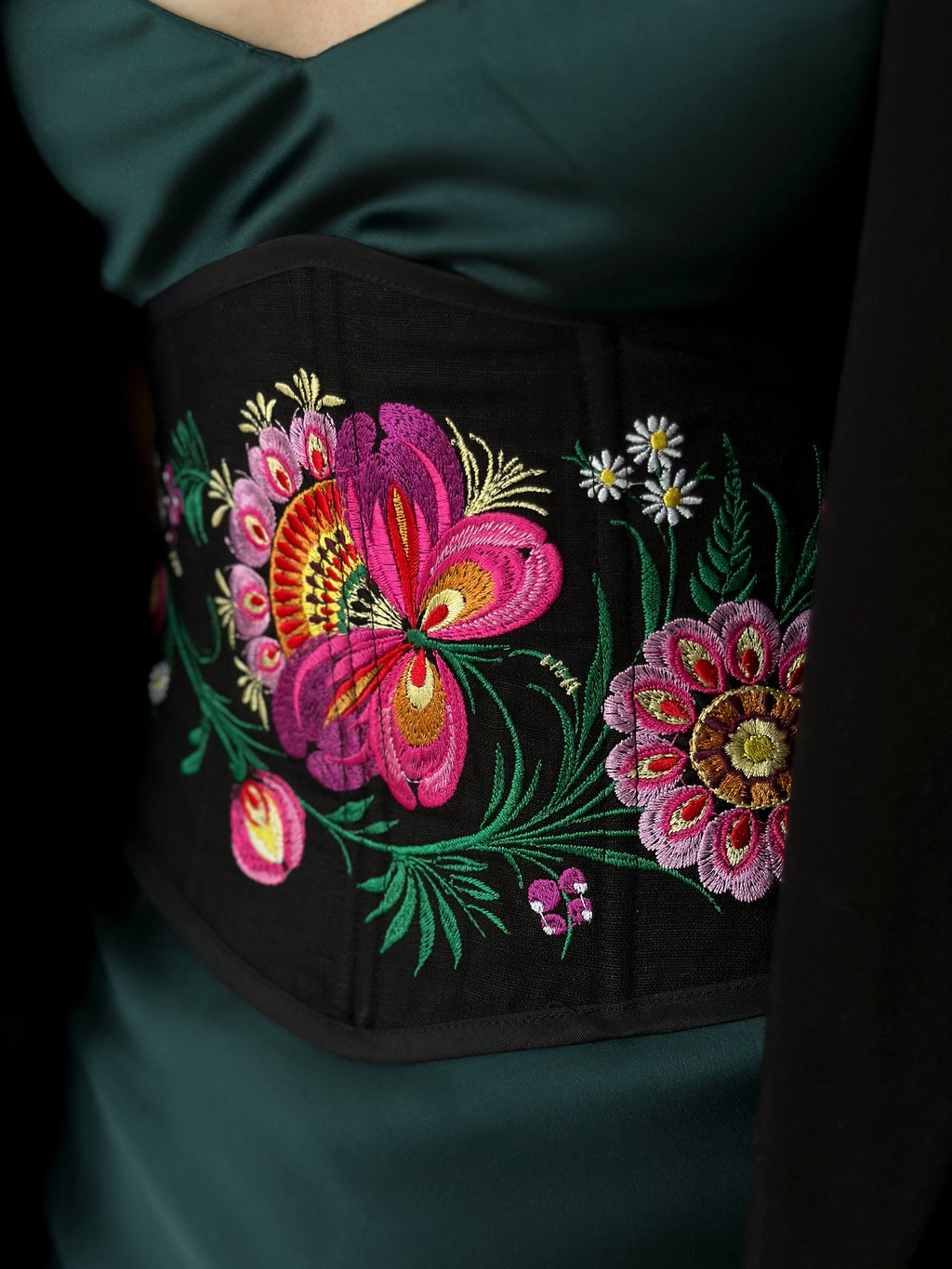 Ukrainian custom made corset, black corset, plus size underbust corset belt, linen floral embroidered corset, petrykivka embroidery