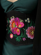 Ukrainian custom made corset, black corset, plus size underbust corset belt, linen floral embroidered corset, petrykivka embroidery