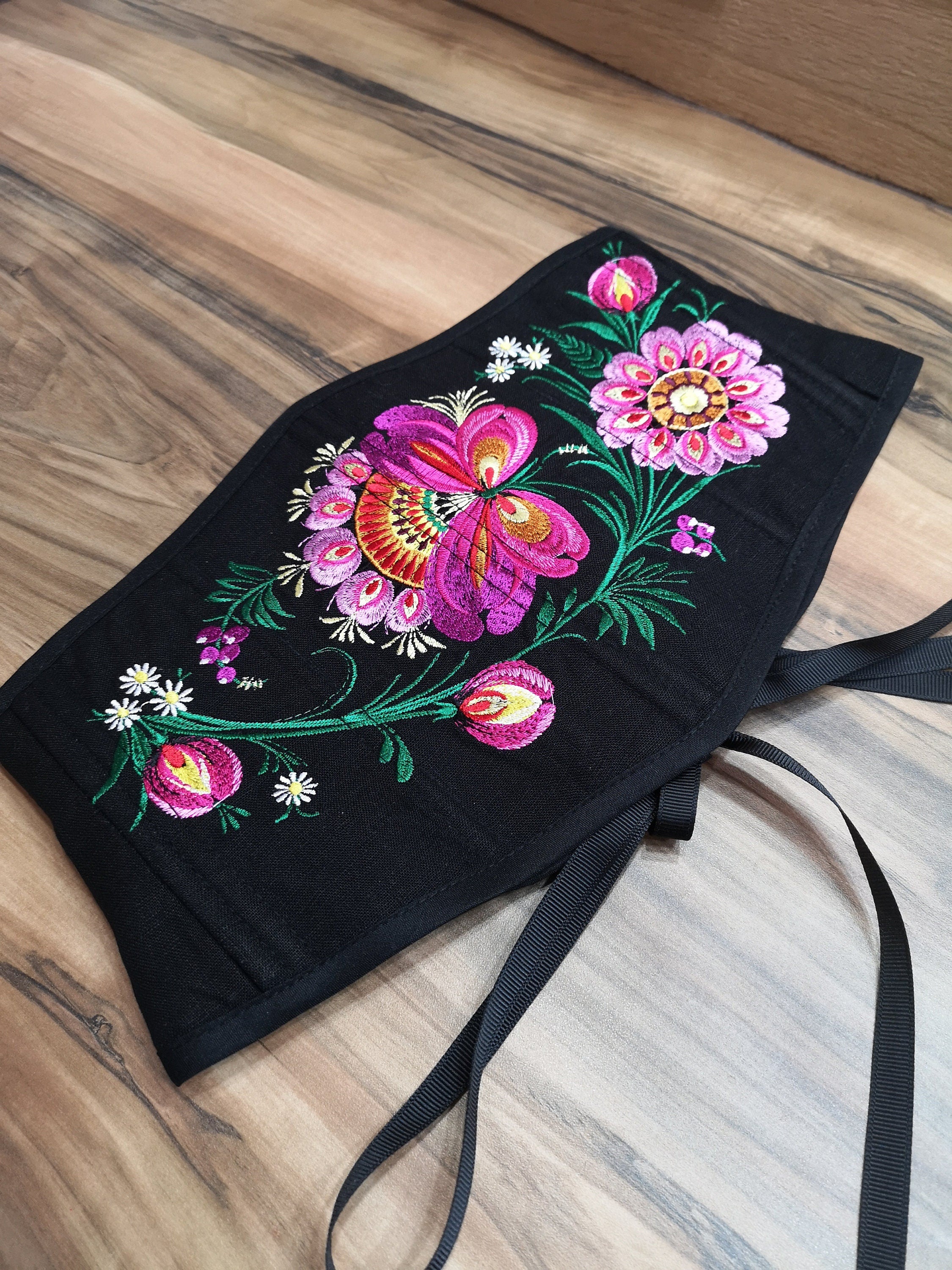 Ukrainian custom made corset, black corset, plus size underbust corset belt, linen floral embroidered corset, petrykivka embroidery