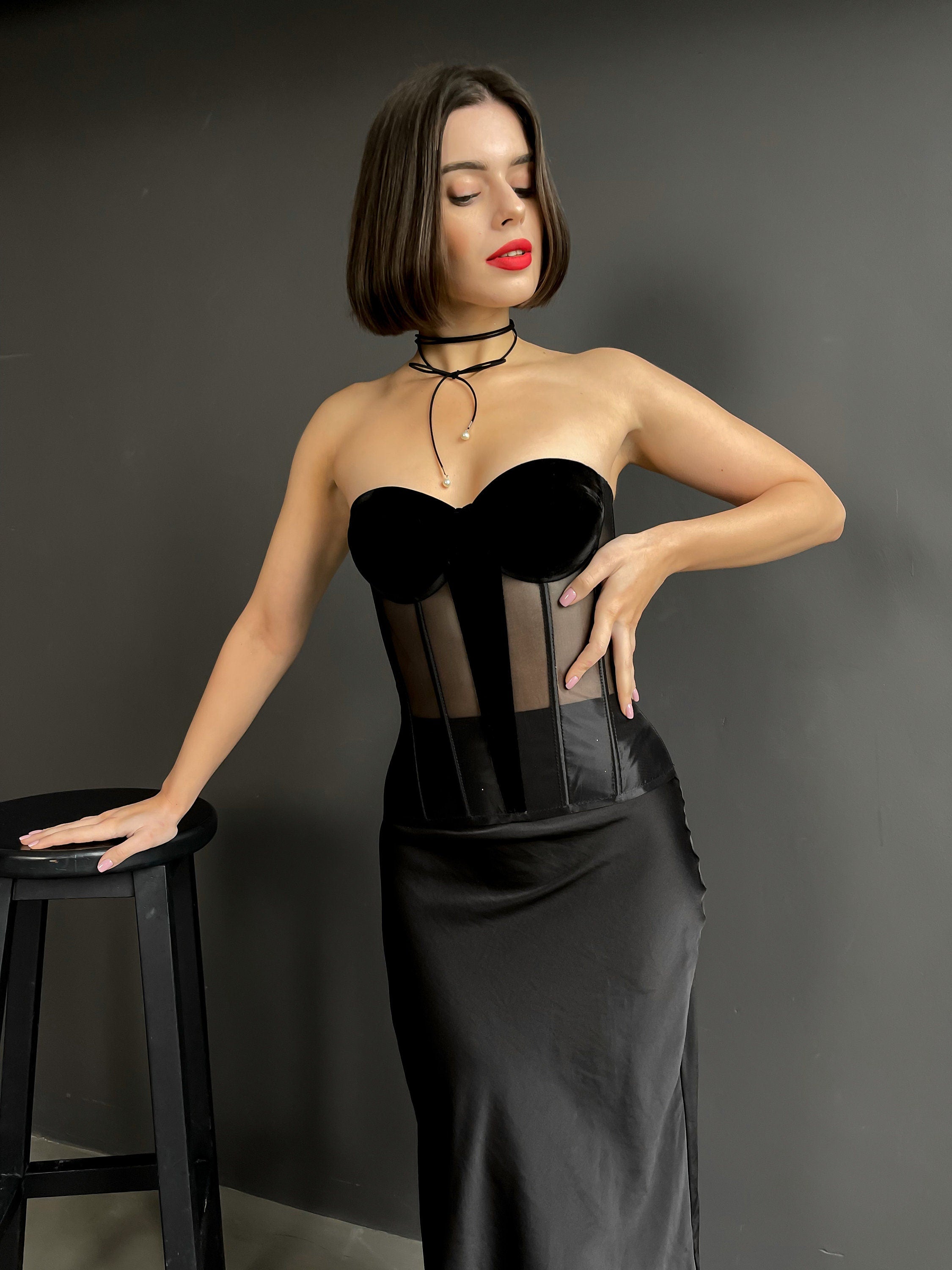 Prom corset top, black custom made prom velvet dress, party dress, velvet plus size corset top