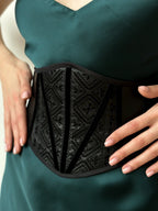 Ukraine underbust corset, artificial leather black machine embroidery, custom made embroidered corset belt.
