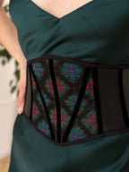 Faux leather corset belt embroidered, underbust corset, plus size custom made corset top, black renaissance corset for dress