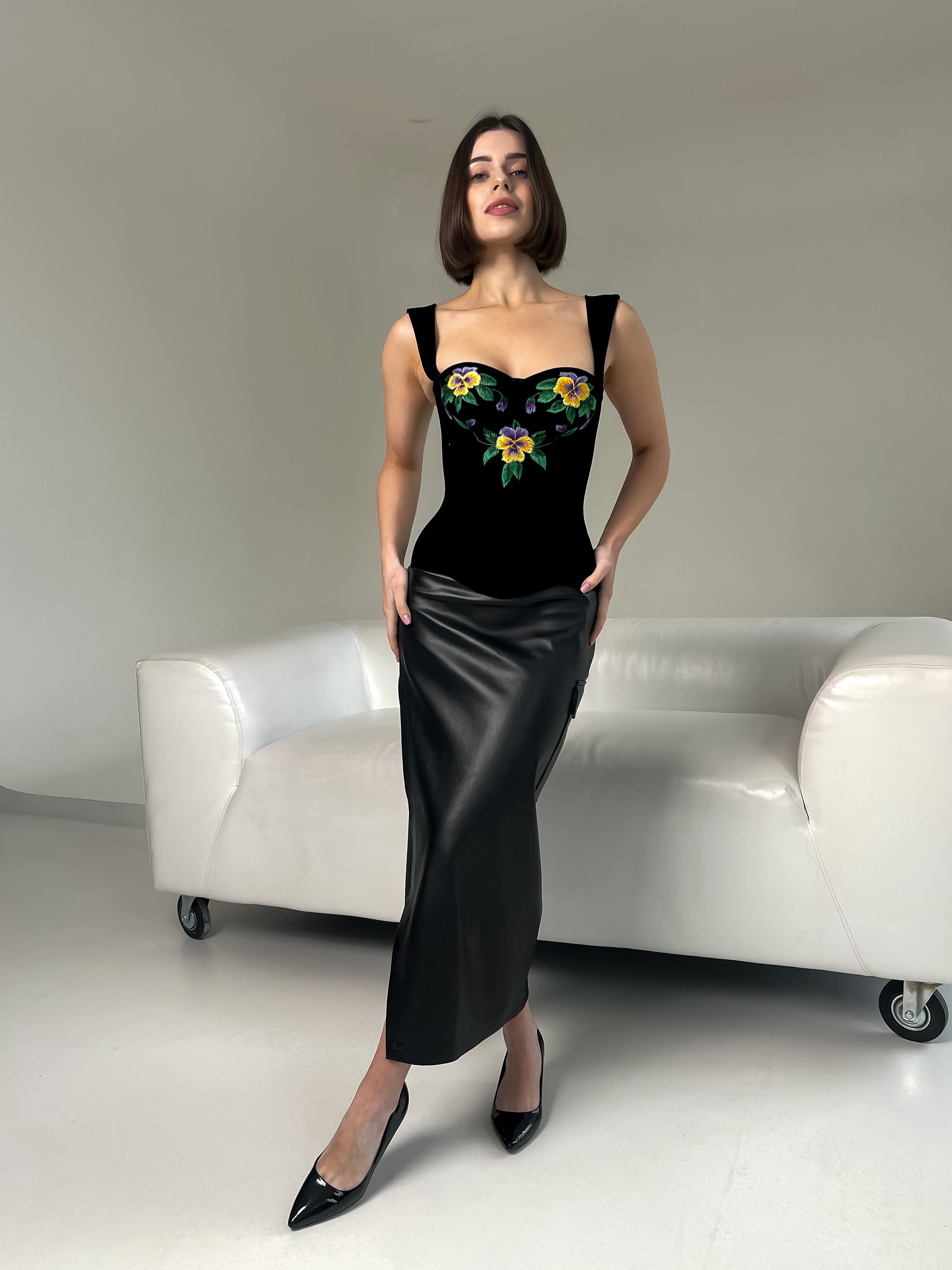 Handmade embroidered corset, black velvet ukrainian corset top, custom made clothes