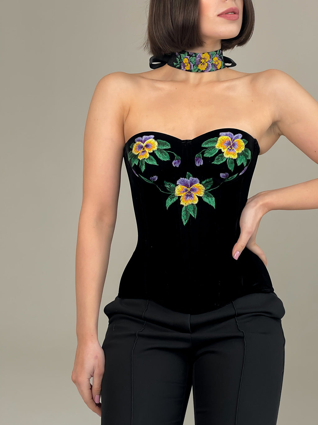 Handmade embroidered corset, black velvet ukrainian corset top, custom made clothes