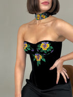 Handmade embroidered corset, black velvet ukrainian corset top, custom made clothes