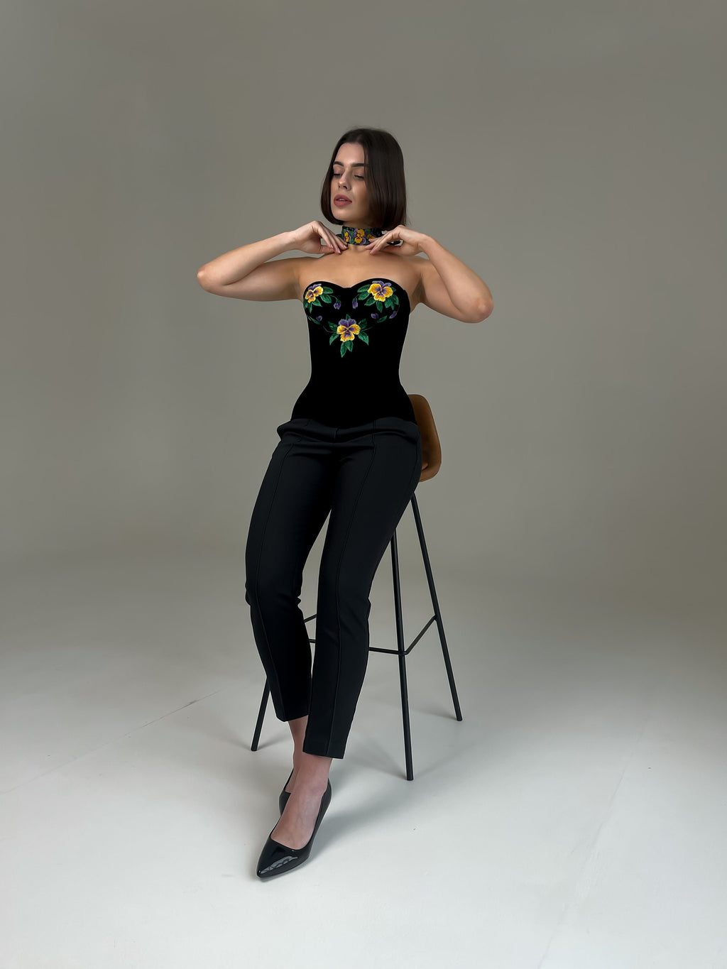 Handmade embroidered corset, black velvet ukrainian corset top, custom made clothes