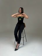 Handmade embroidered corset, black velvet ukrainian corset top, custom made clothes