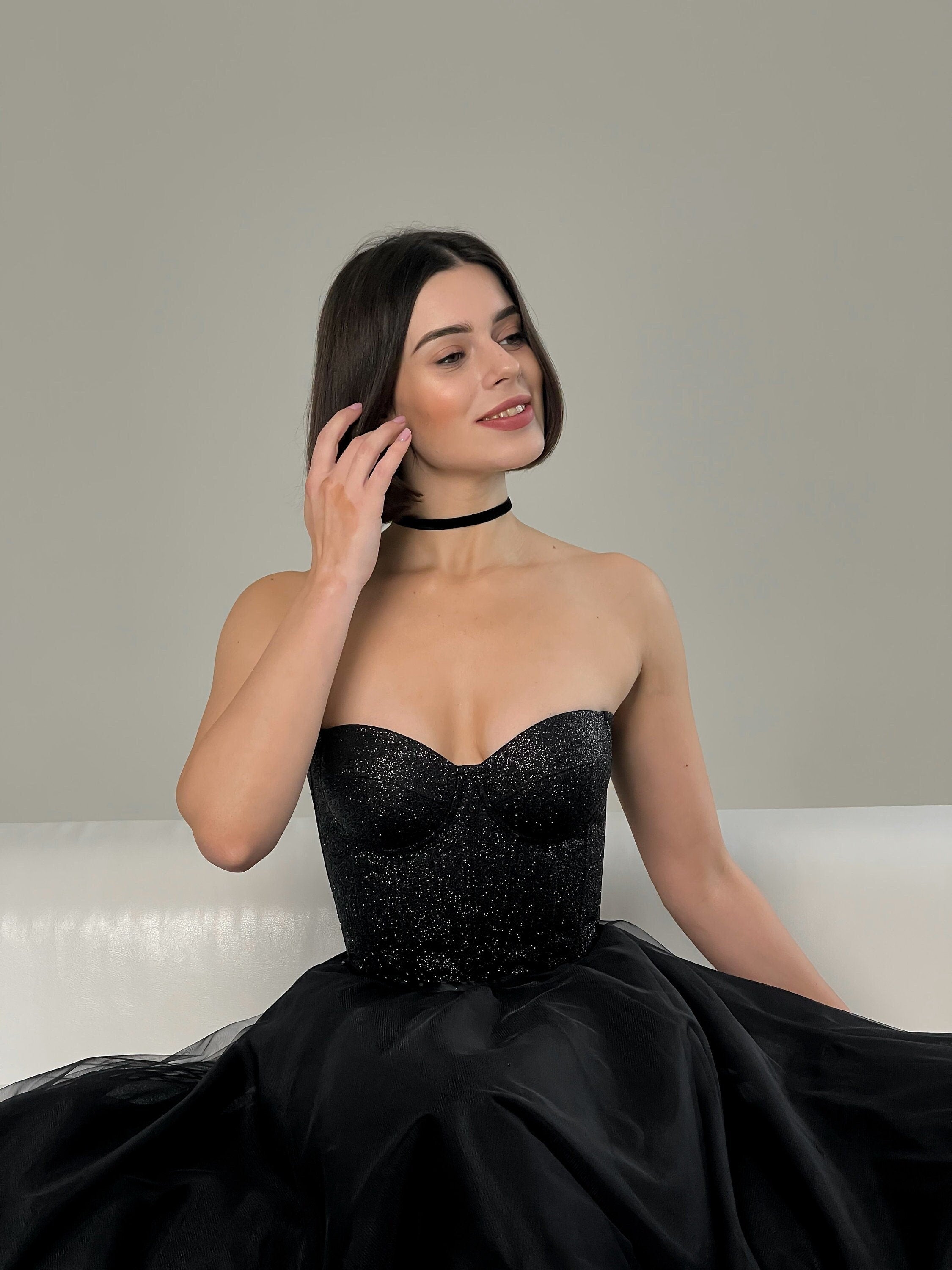 Black corset top, custom made prom glitter dress, plus size corset top