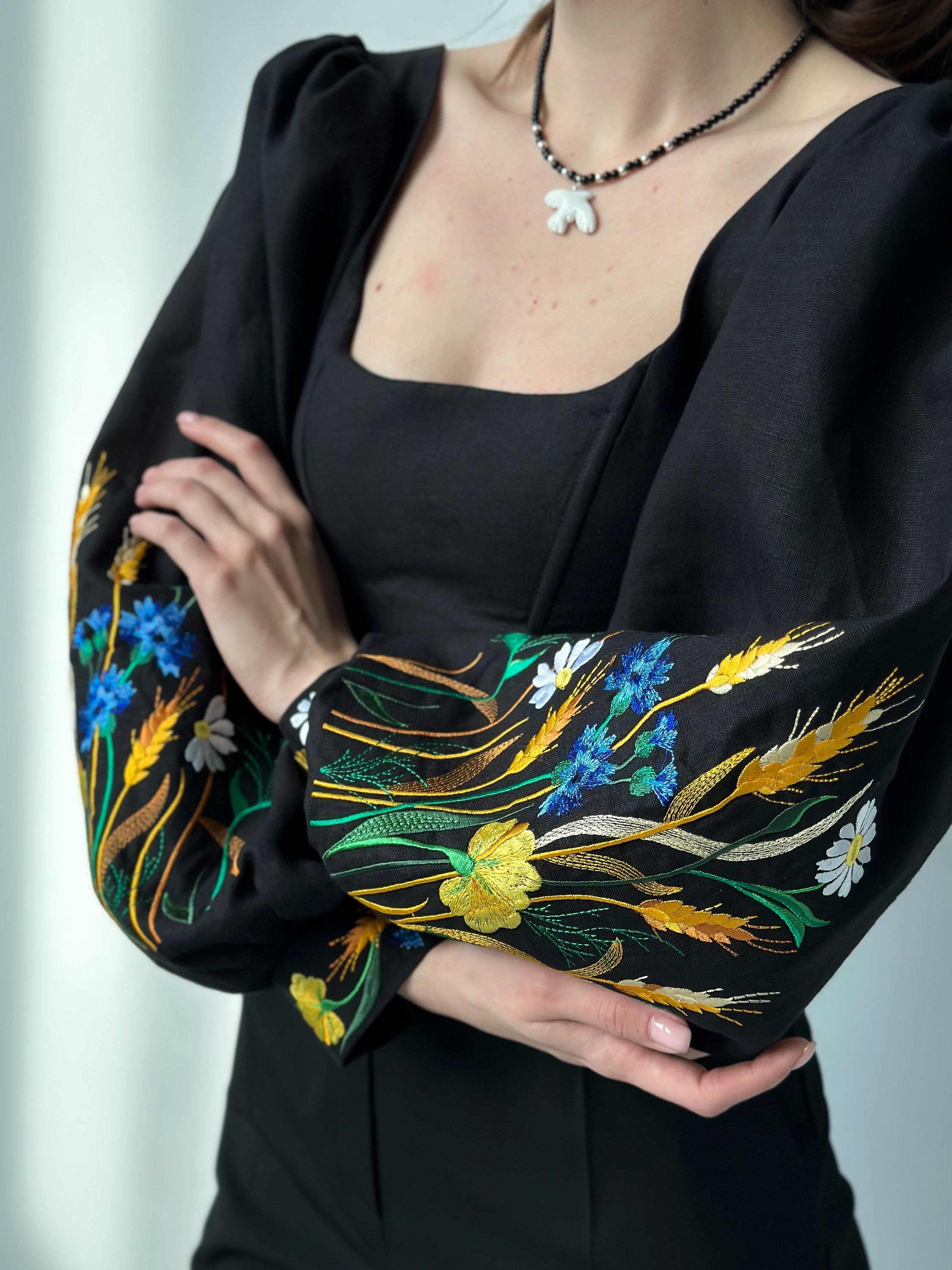 Ukrainian embroidered custom corset, black linen ukrainian handmade corset top with sleeves, black corset top