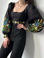 Ukrainian embroidered custom corset, black linen ukrainian handmade corset top with sleeves, black corset top