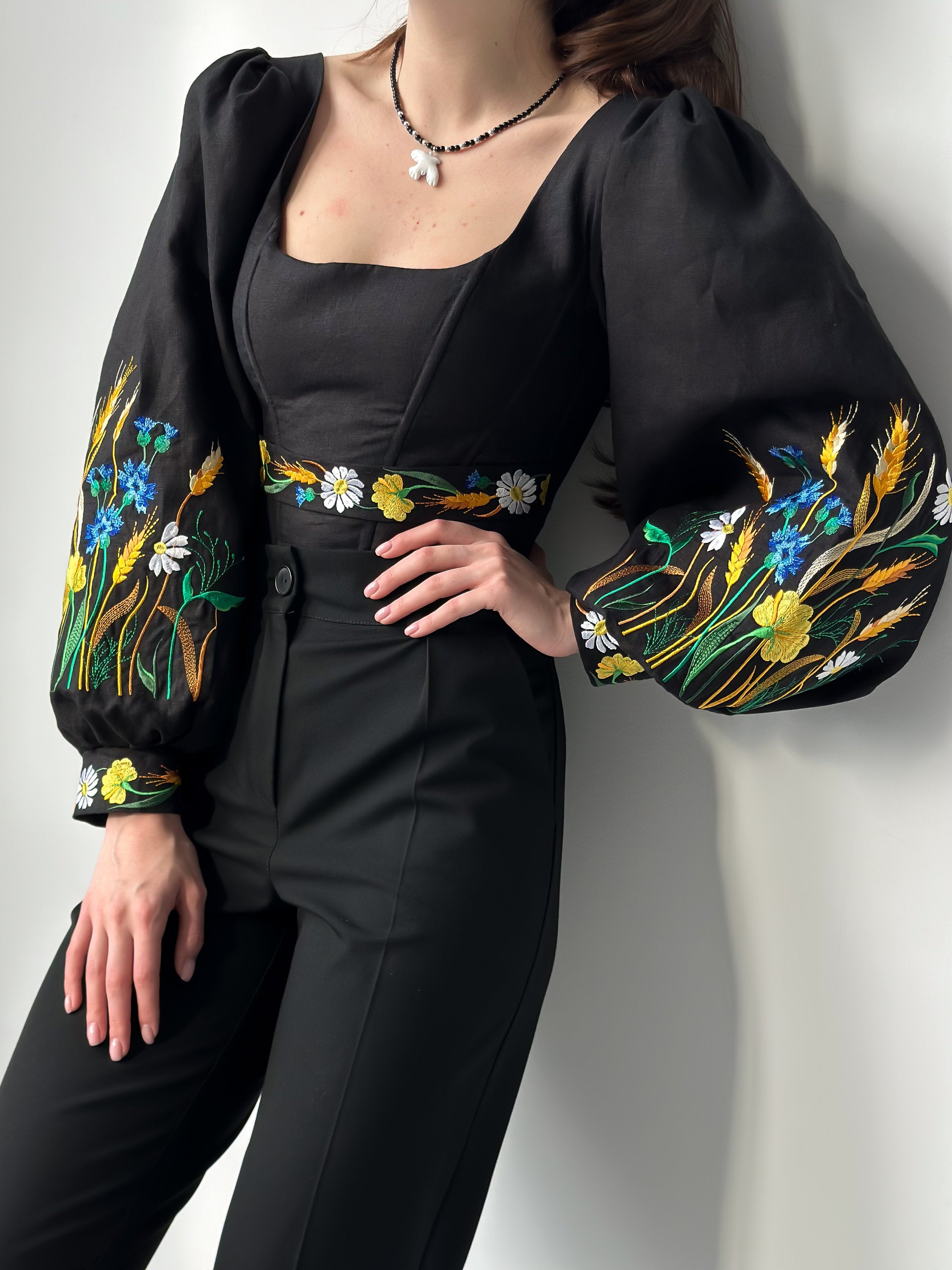 Ukrainian embroidered custom corset, black linen ukrainian handmade corset top with sleeves, black corset top