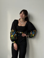 Ukrainian embroidered custom corset, black linen ukrainian handmade corset top with sleeves, black corset top