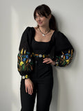 Ukrainian embroidered custom corset, black linen ukrainian handmade corset top with sleeves, black corset top