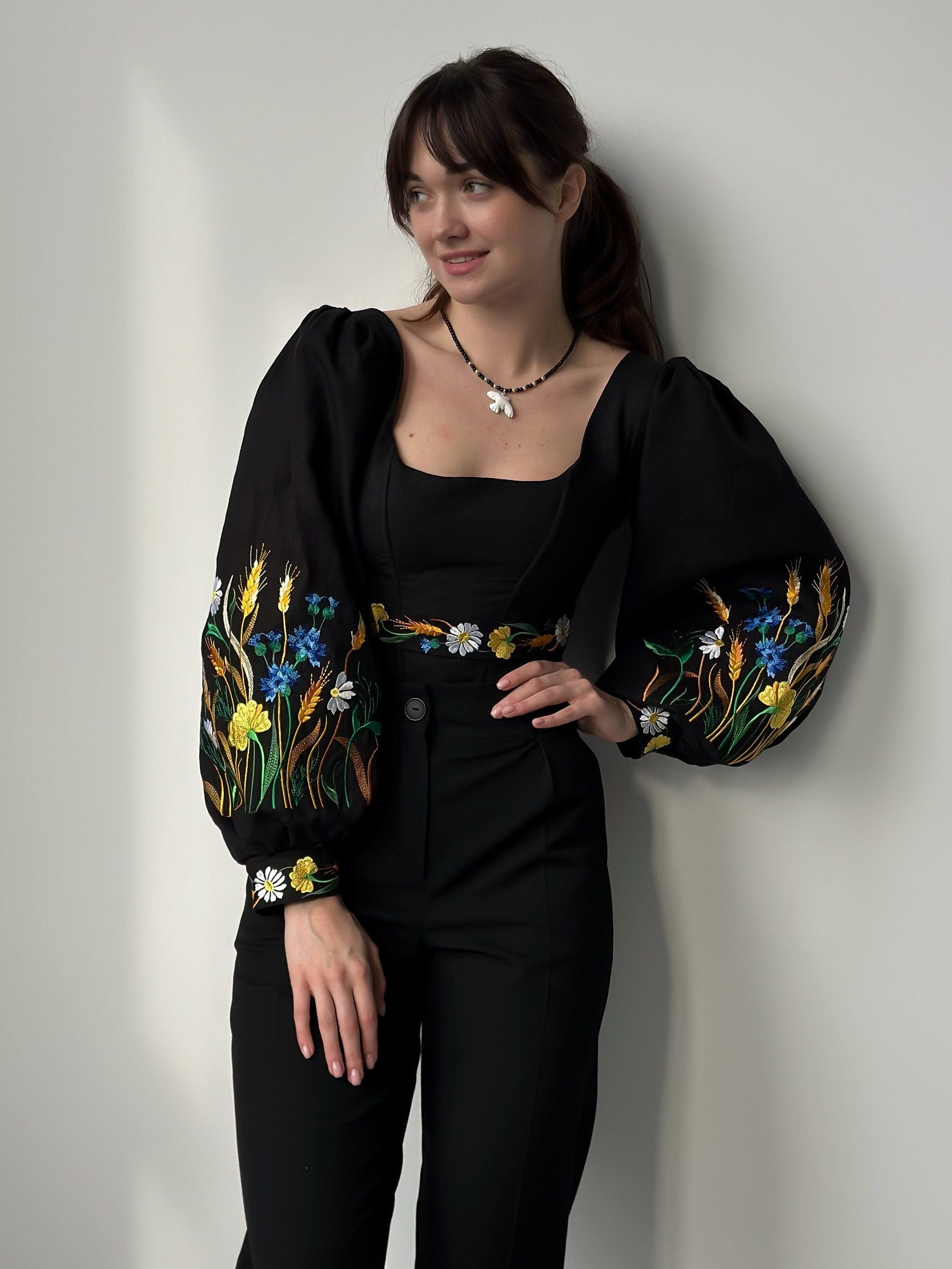 Ukrainian embroidered custom corset, black linen ukrainian handmade corset top with sleeves, black corset top