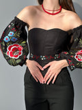 Linen custom corset with flowers, machine embroidered corset top, black corset with long detachable sleeves, Ukrainian custom corset