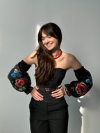 Linen custom corset with flowers, machine embroidered corset top, black corset with long detachable sleeves, Ukrainian custom corset