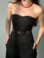 Linen custom corset with flowers, machine embroidered corset top, black corset with long detachable sleeves, Ukrainian custom corset