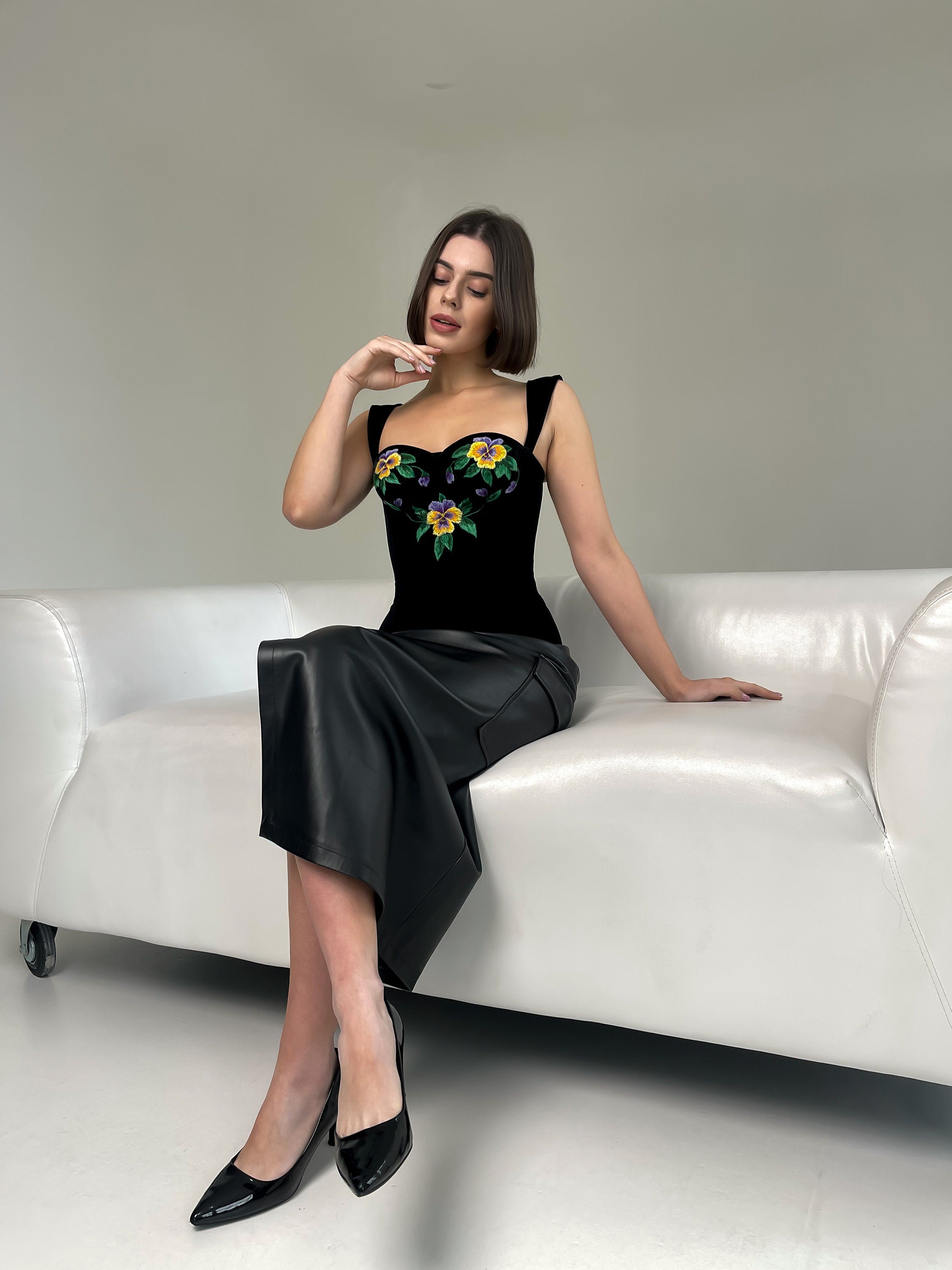 Handmade embroidered corset, black velvet ukrainian corset top, custom made clothes