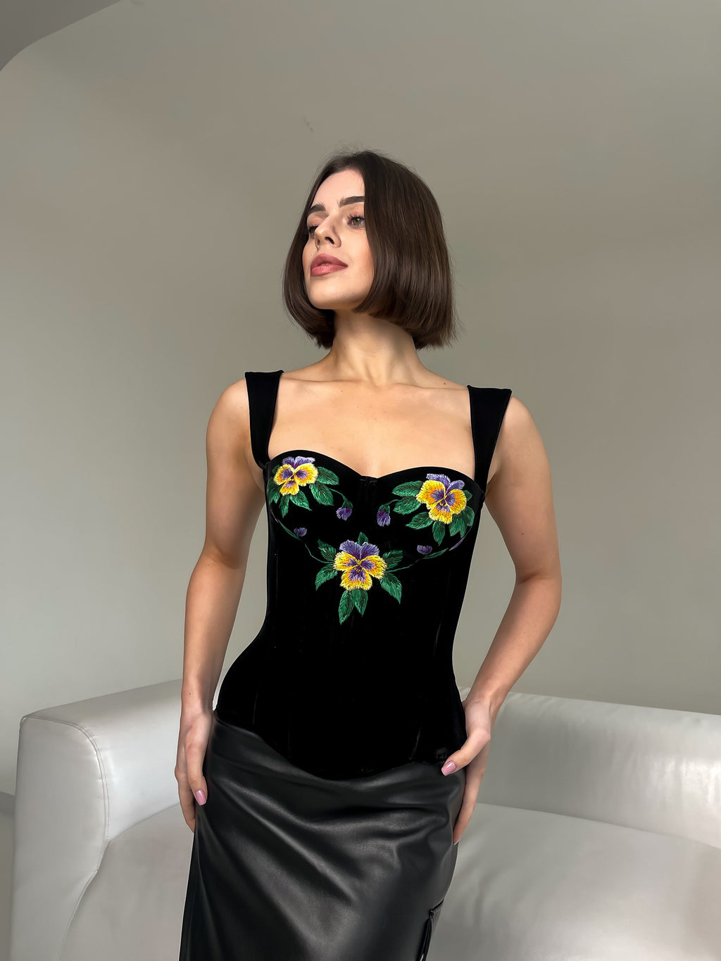 Handmade embroidered corset, black velvet ukrainian corset top, custom made clothes