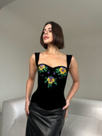 Handmade embroidered corset, black velvet ukrainian corset top, custom made clothes