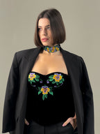 Handmade embroidered corset, black velvet ukrainian corset top, custom made clothes