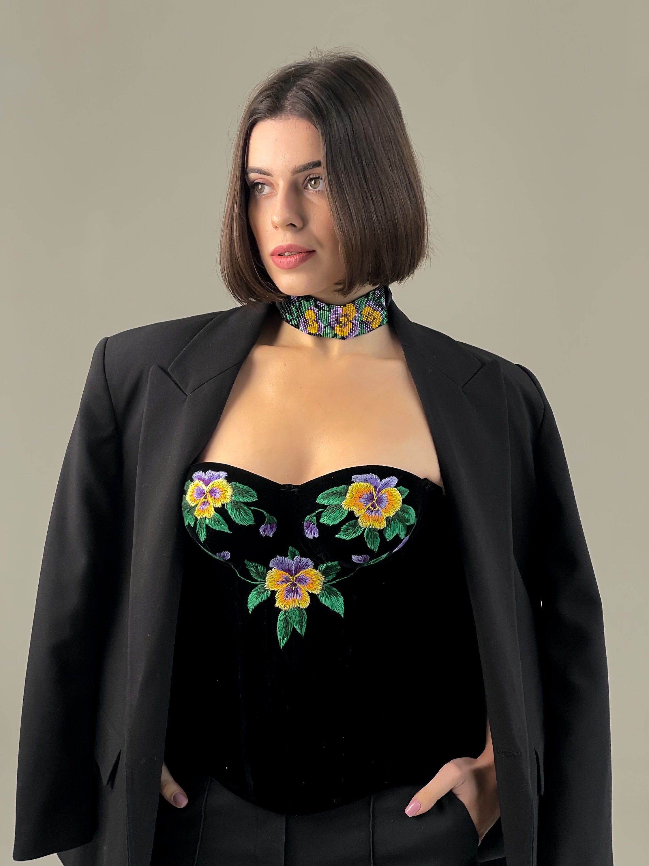 Handmade embroidered corset, black velvet ukrainian corset top, custom made clothes