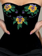 Handmade embroidered corset, black velvet ukrainian corset top, custom made clothes