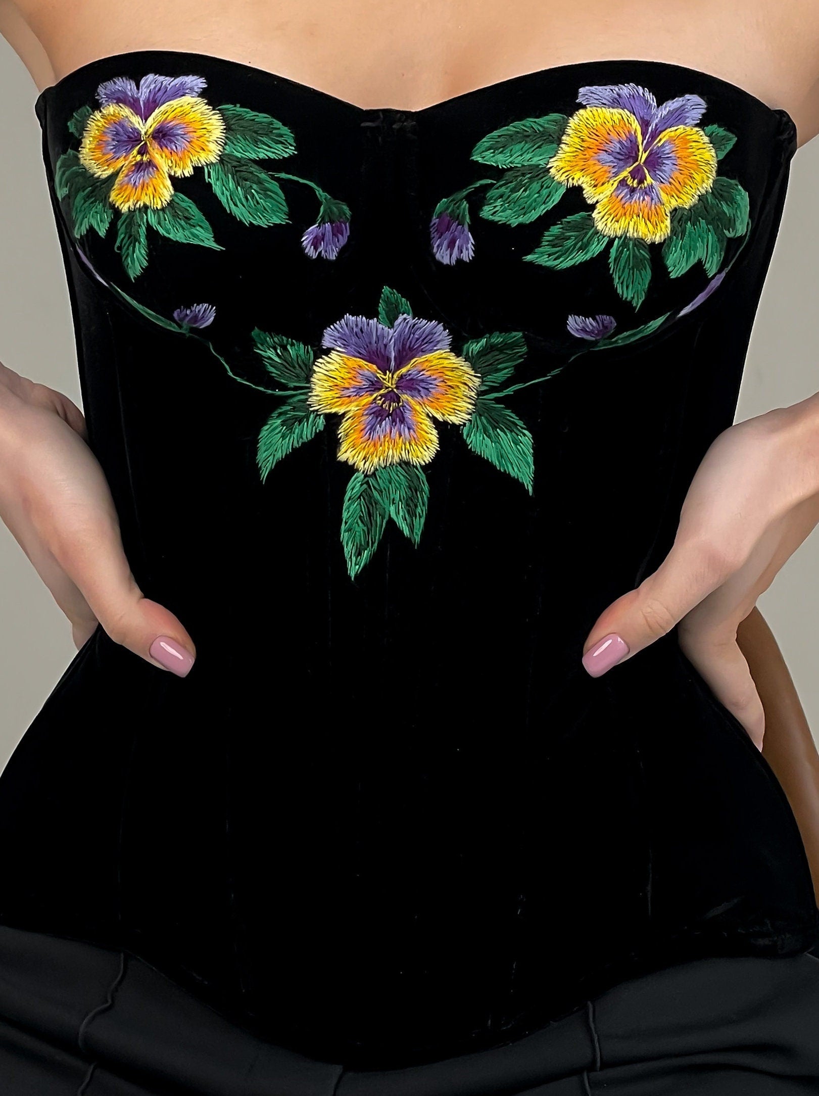 Handmade embroidered corset, black velvet ukrainian corset top, custom made clothes