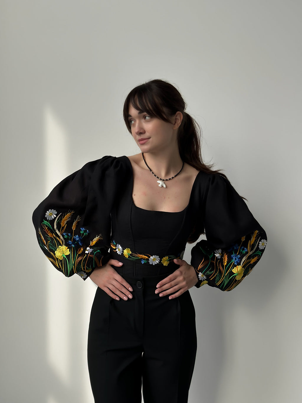 Ukrainian embroidered custom corset, black linen ukrainian handmade corset top with sleeves, black corset top