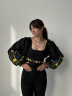 Ukrainian embroidered custom corset, black linen ukrainian handmade corset top with sleeves, black corset top