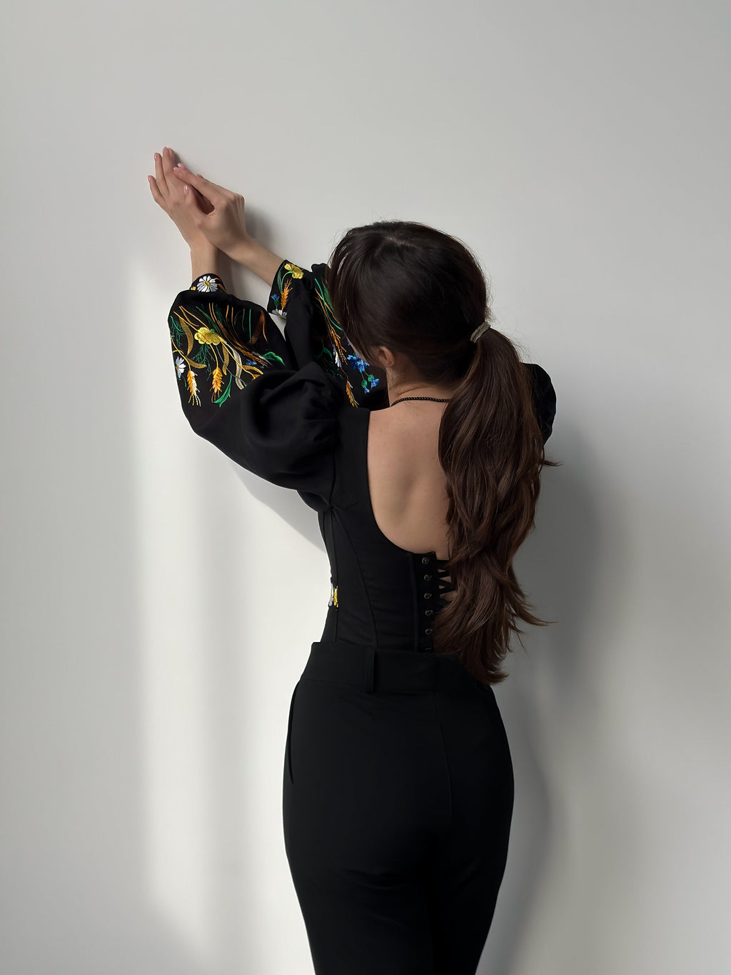 Ukrainian embroidered custom corset, black linen ukrainian handmade corset top with sleeves, black corset top