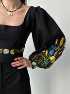 Ukrainian embroidered custom corset, black linen ukrainian handmade corset top with sleeves, black corset top