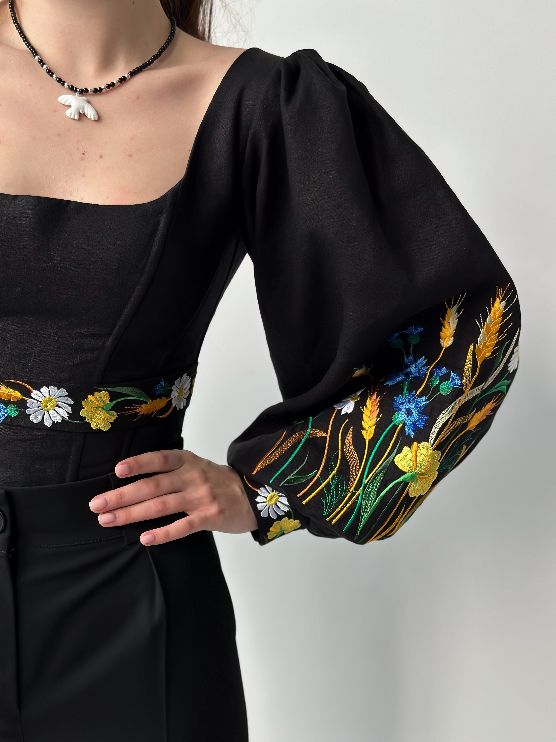 Ukrainian embroidered custom corset, black linen ukrainian handmade corset top with sleeves, black corset top