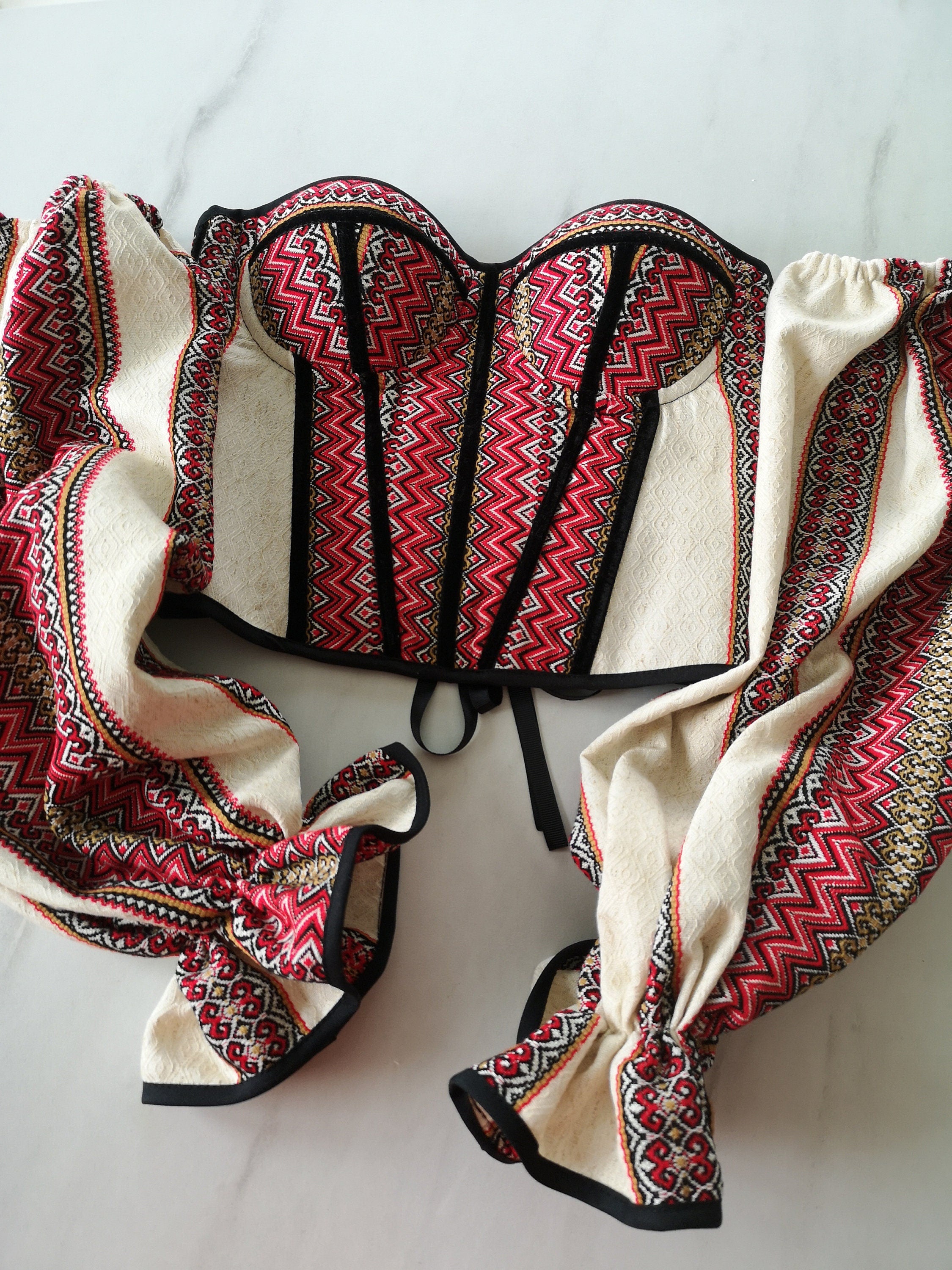 Corset top Ukraine detachable sleeves, black and red hand made corset top