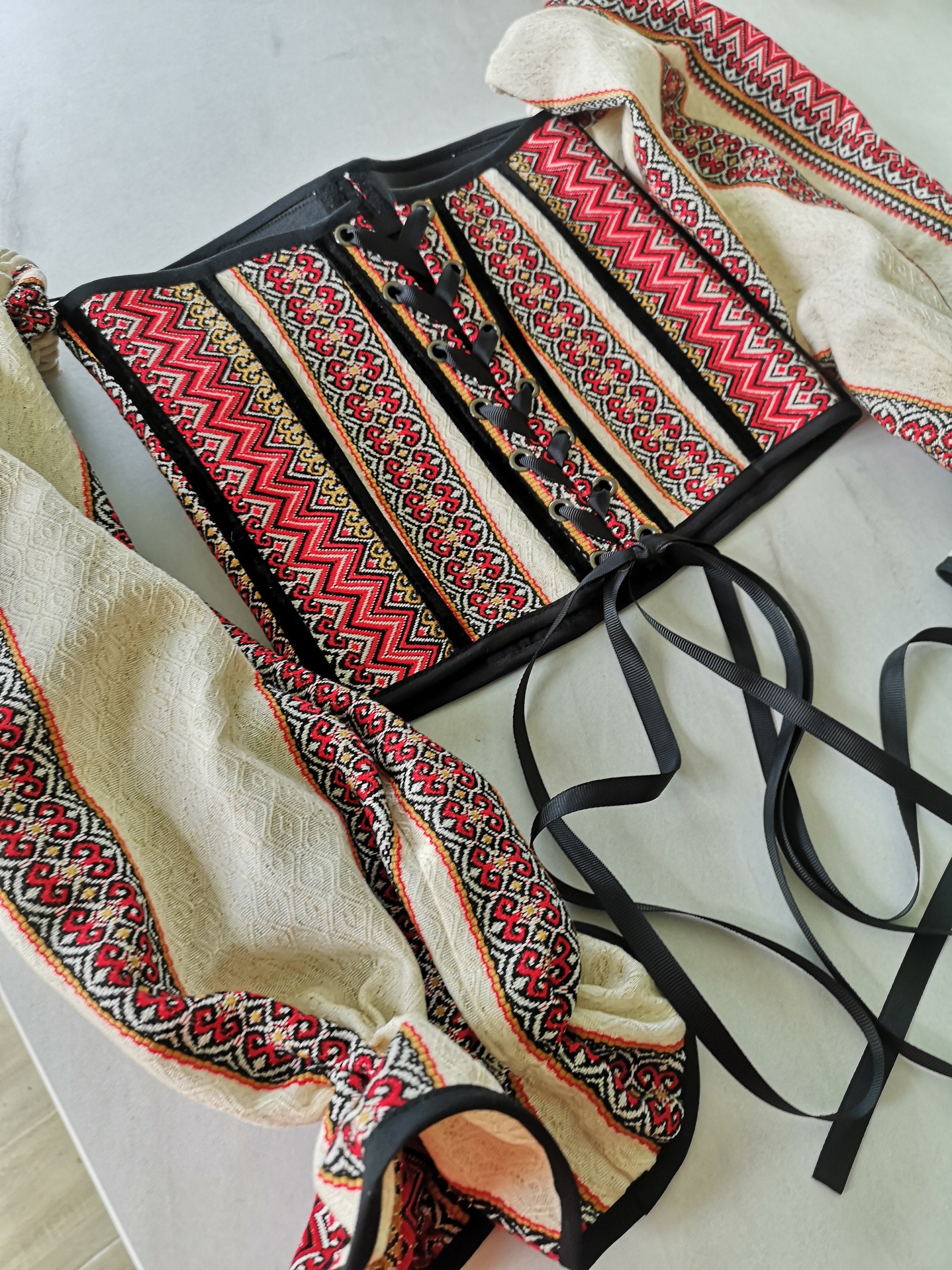 Corset top Ukraine detachable sleeves, black and red hand made corset top