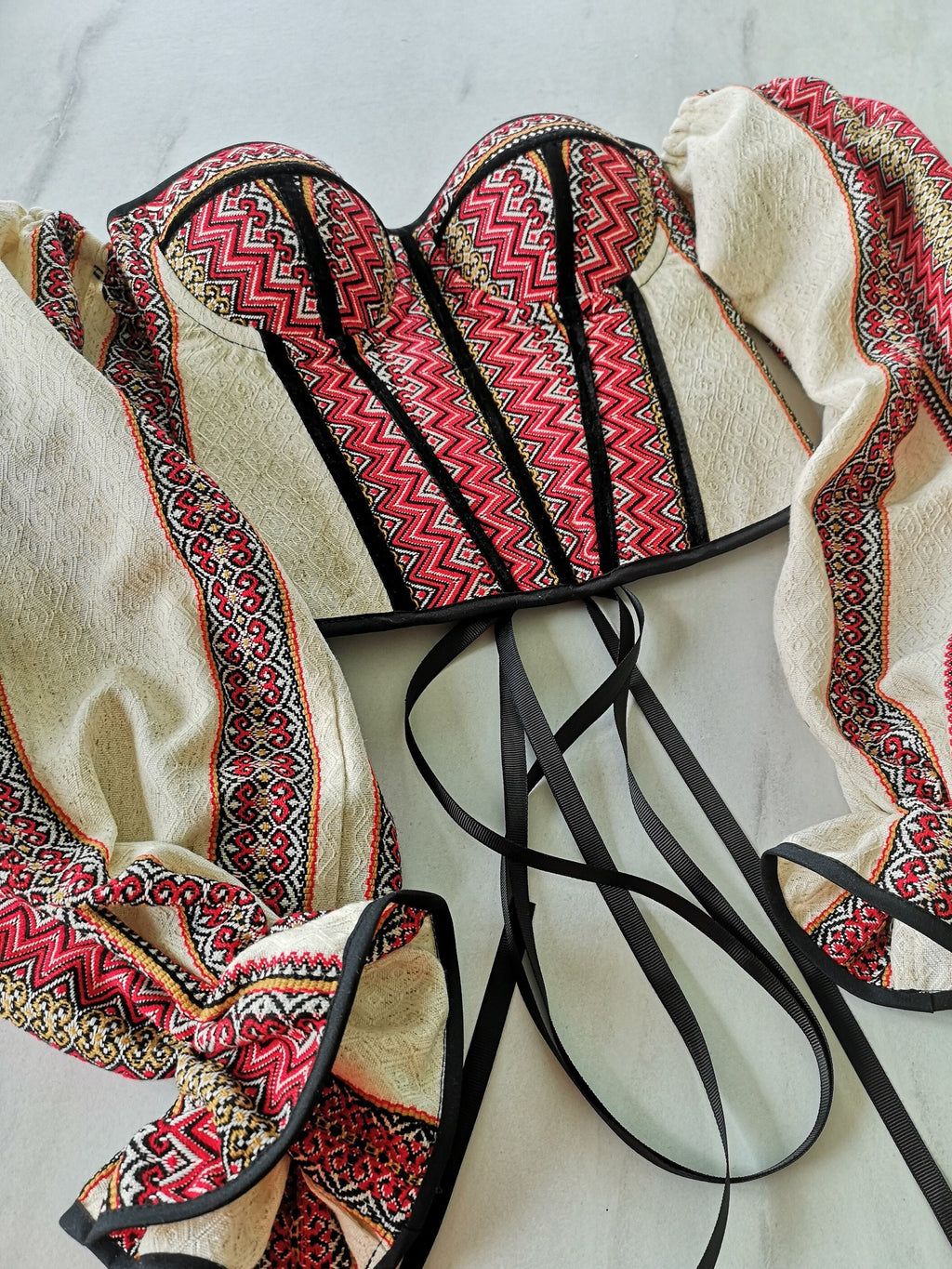 Corset top Ukraine detachable sleeves, black and red hand made corset top