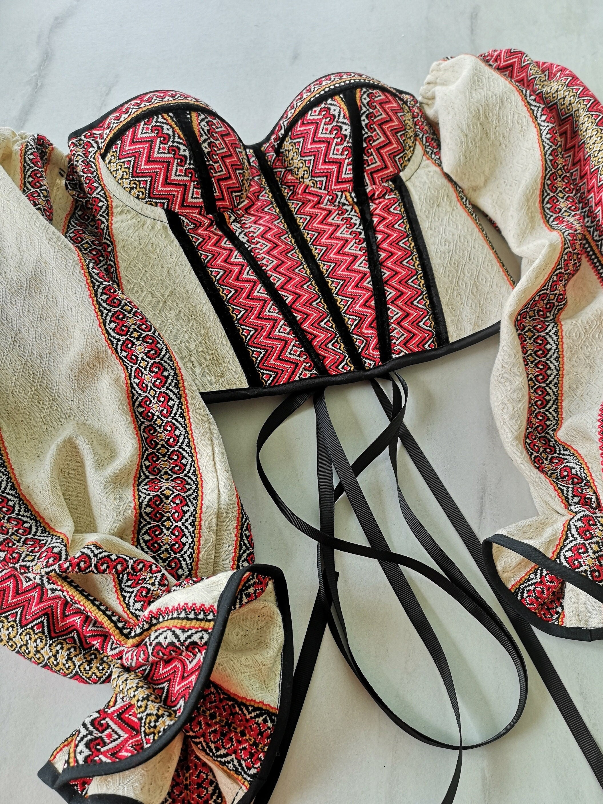 Corset top Ukraine detachable sleeves, black and red hand made corset top