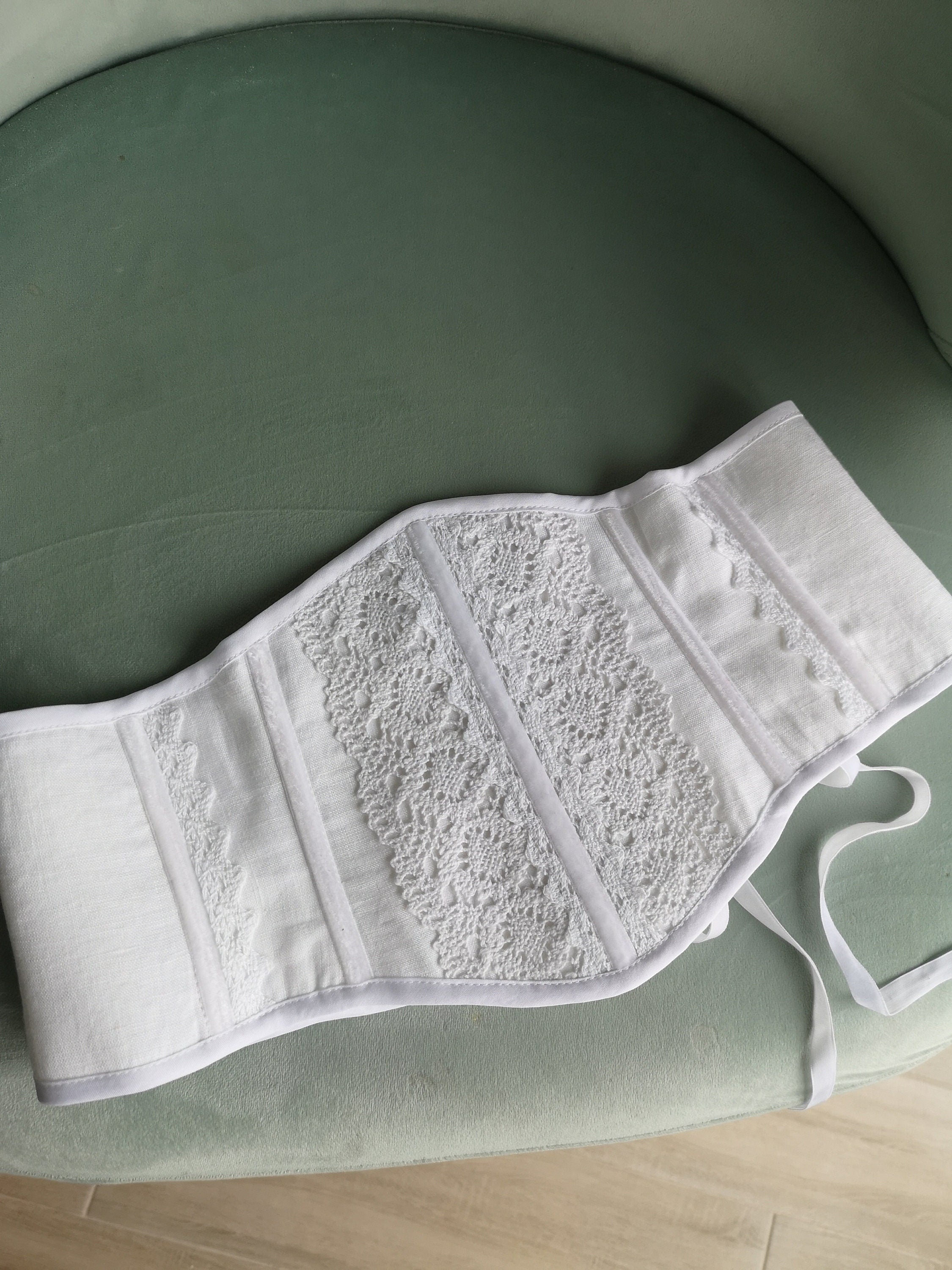 Underbust corset belt lace cover, linen white custom made corset waist, bride corset belt