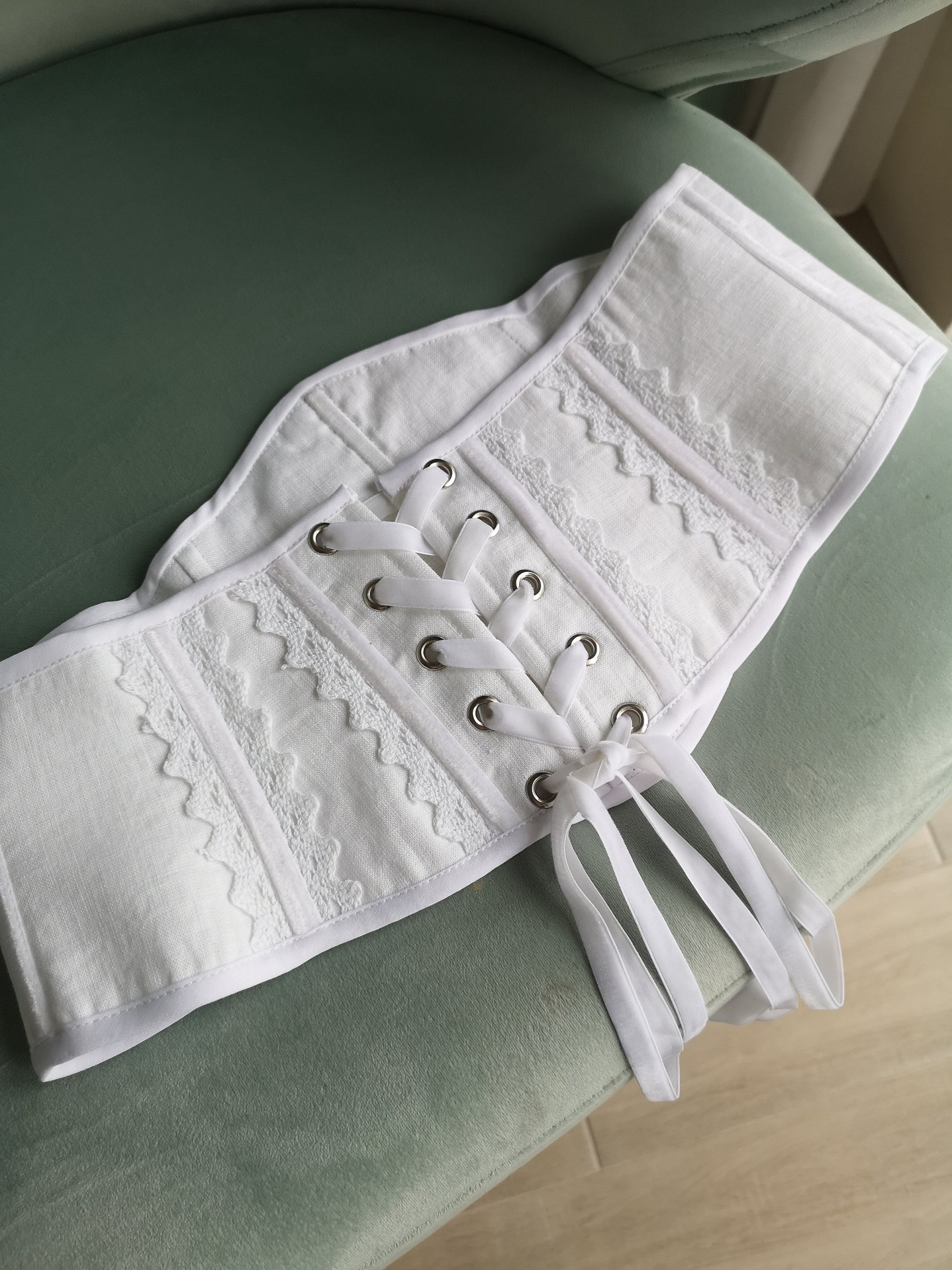 Underbust corset belt lace cover, linen white custom made corset waist, bride corset belt