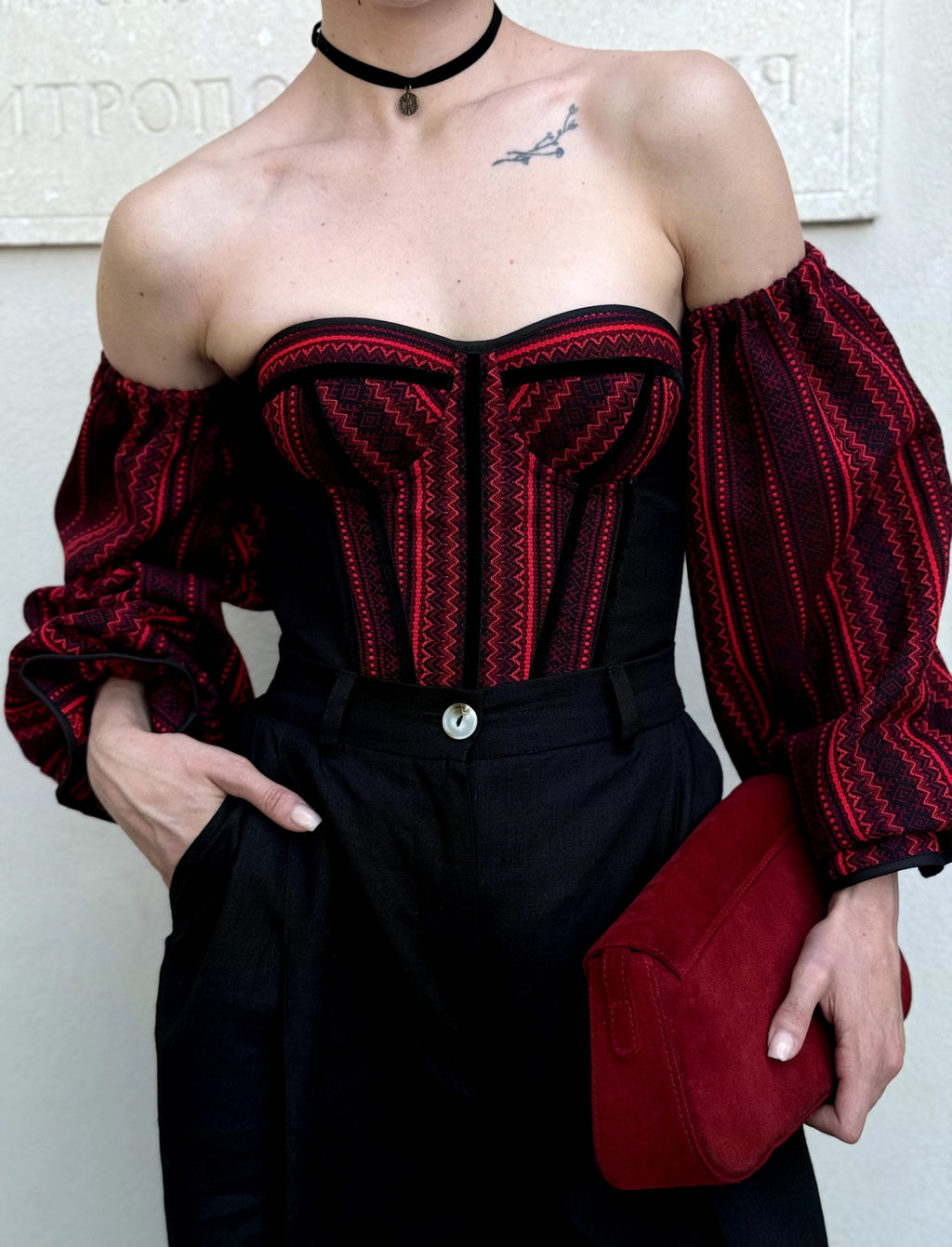 Corset top Ukraine detachable sleeves, black and red hand made corset top
