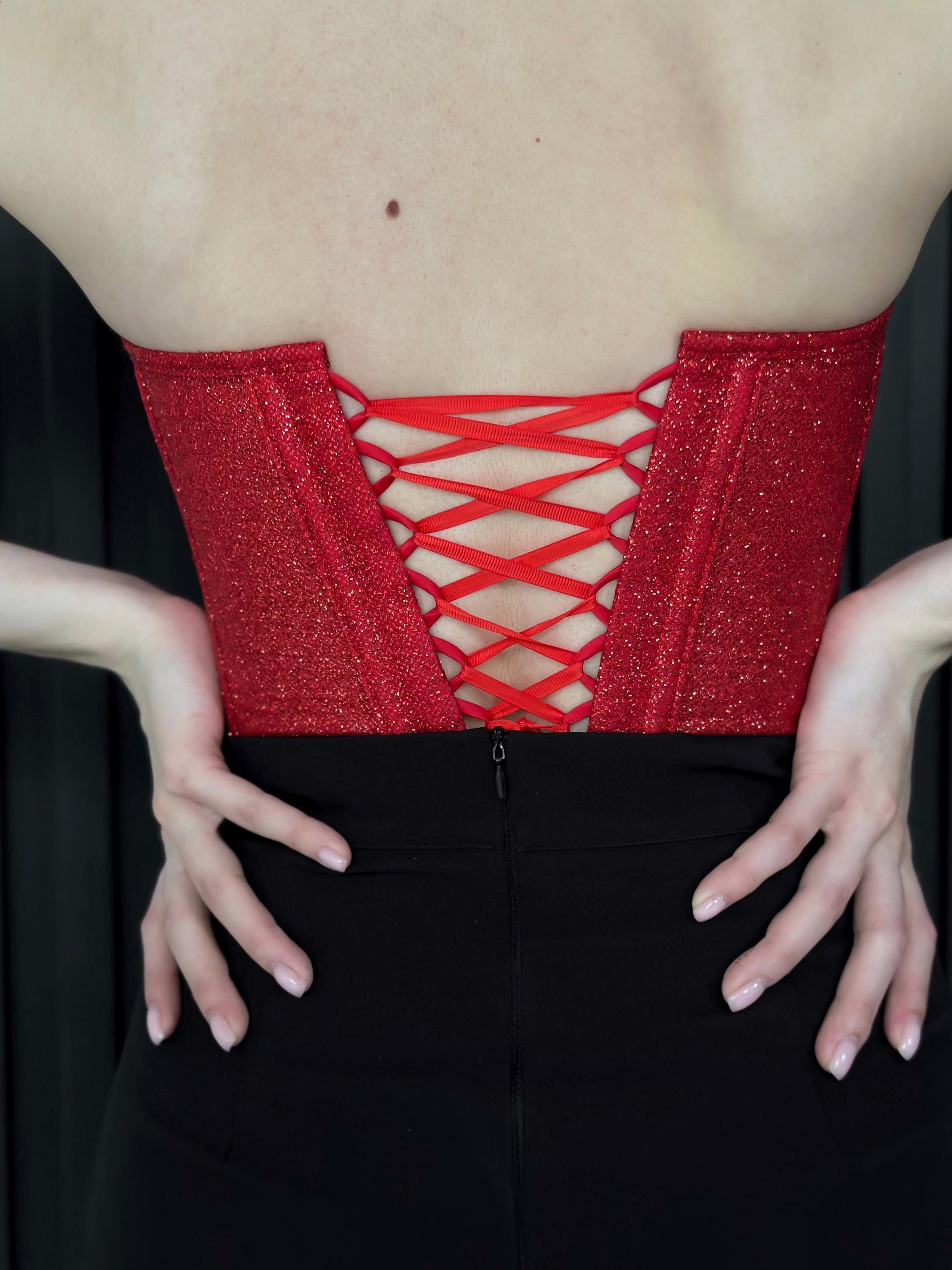 Corset top, custom made red prom glitter dress, party dress, plus size corset top