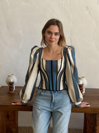 Corset top, blue corset with long sleeves, ukrainian custom made corset top, etno corset top, Victorian corset