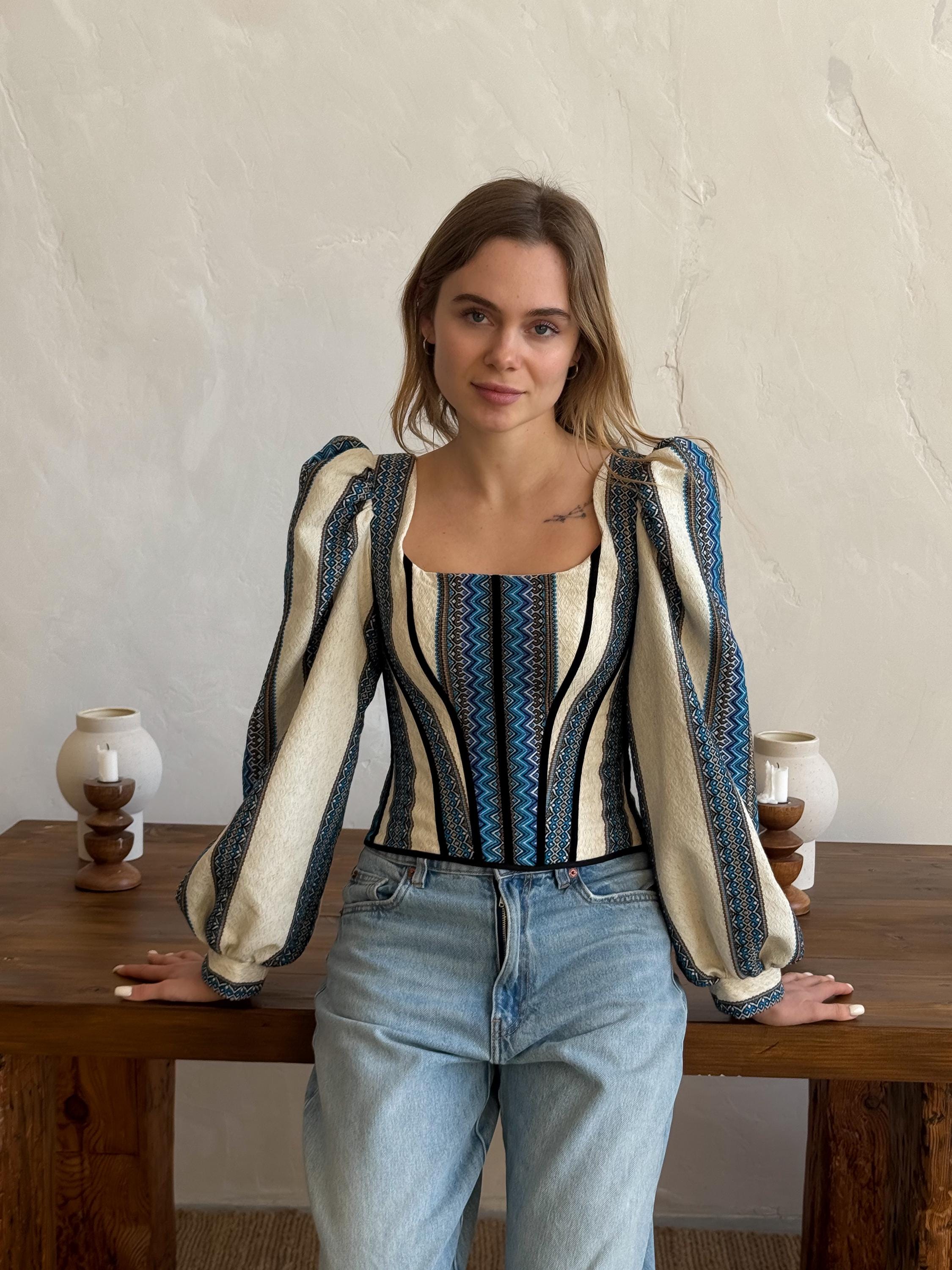 Corset top, blue corset with long sleeves, ukrainian custom made corset top, etno corset top, Victorian corset