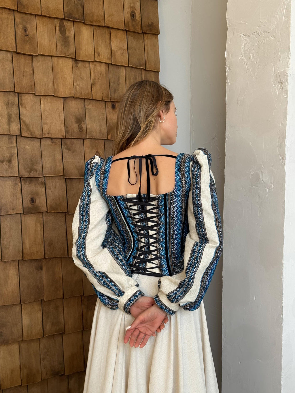 Corset top, blue corset with long sleeves, ukrainian custom made corset top, etno corset top, Victorian corset