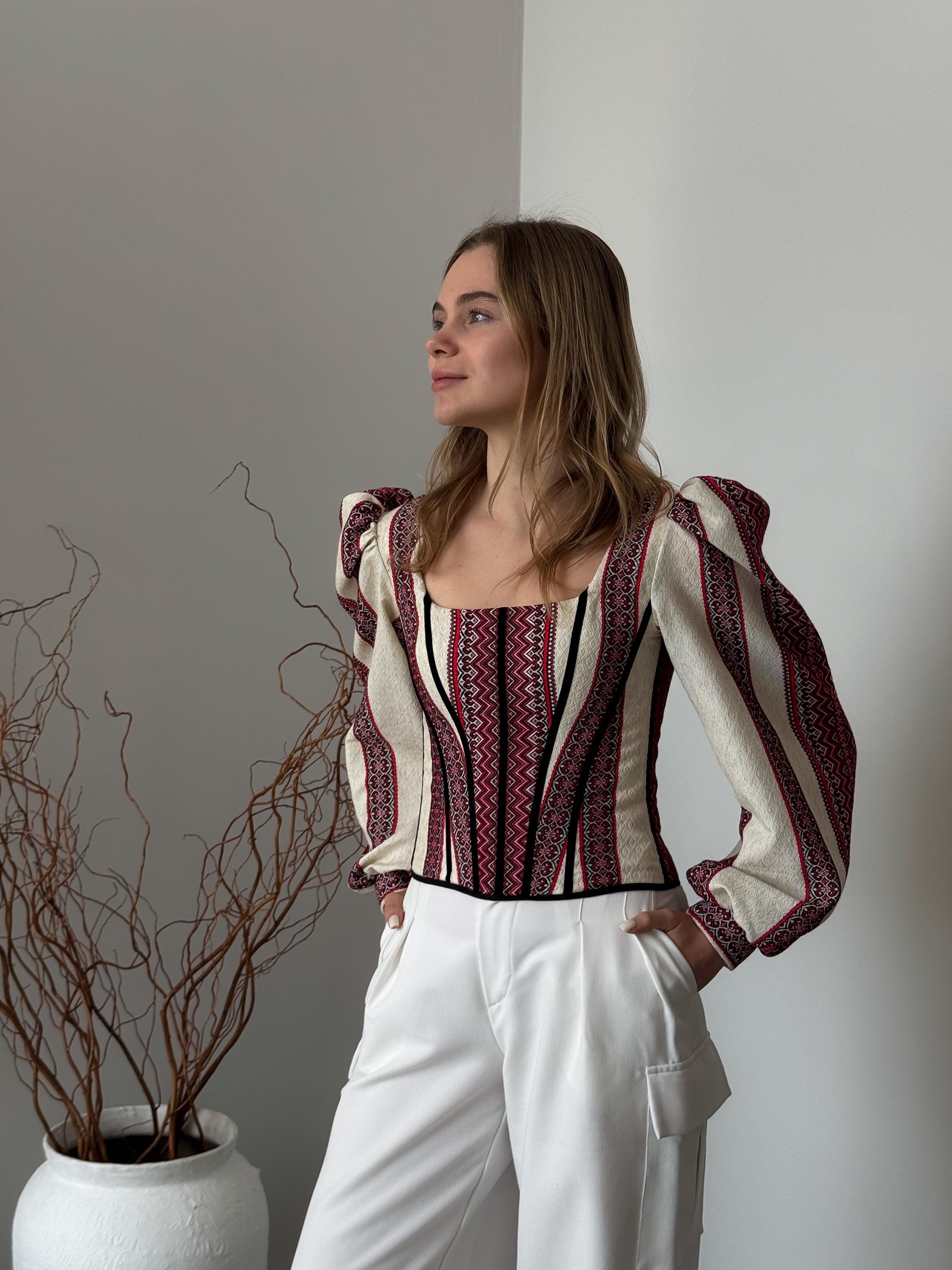 Corset top, beige corset with long sleeves, ukrainian custom made corset top, etno corset top, Victorian corset